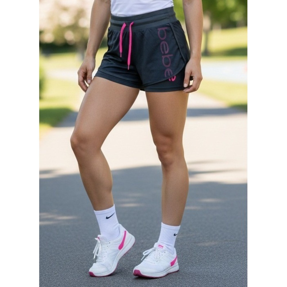 Bebe Sport Women's Athletic Running Shorts‎ Size S Black Pink Workout Gym Active